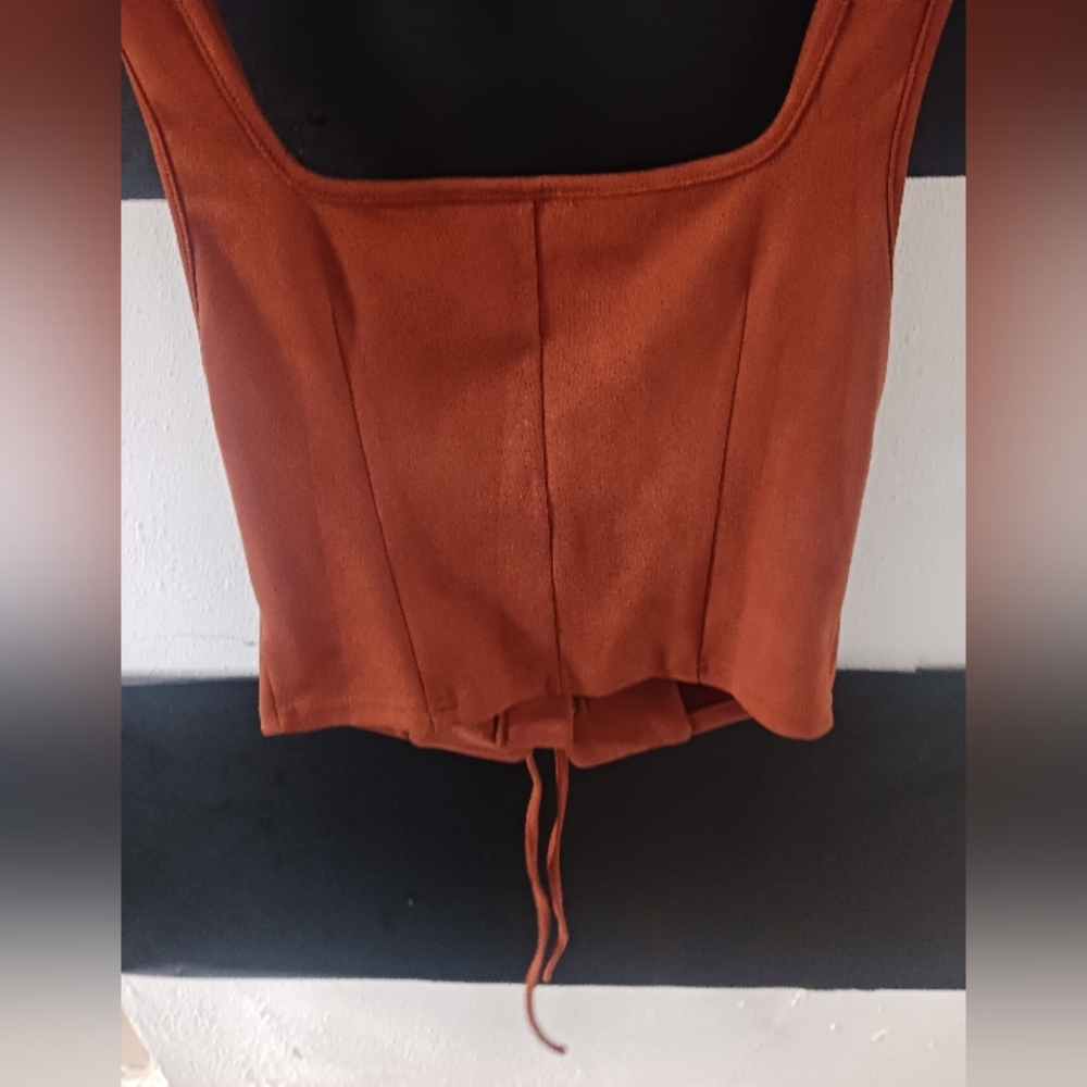 Women Khaki Brown Lace Up Sexy Top - Picture 6 of 8